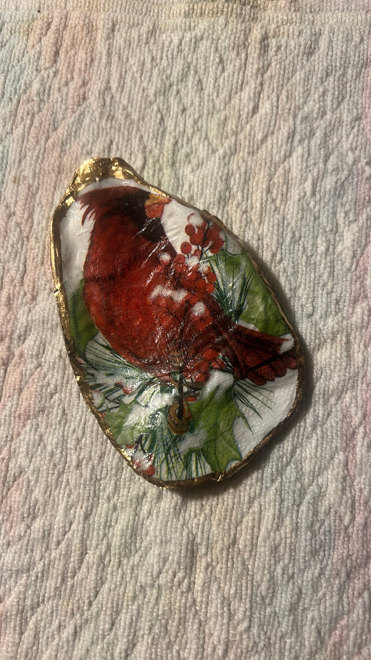 Christmas Cardinal Cape Cod Oyster shell ring trinket dish