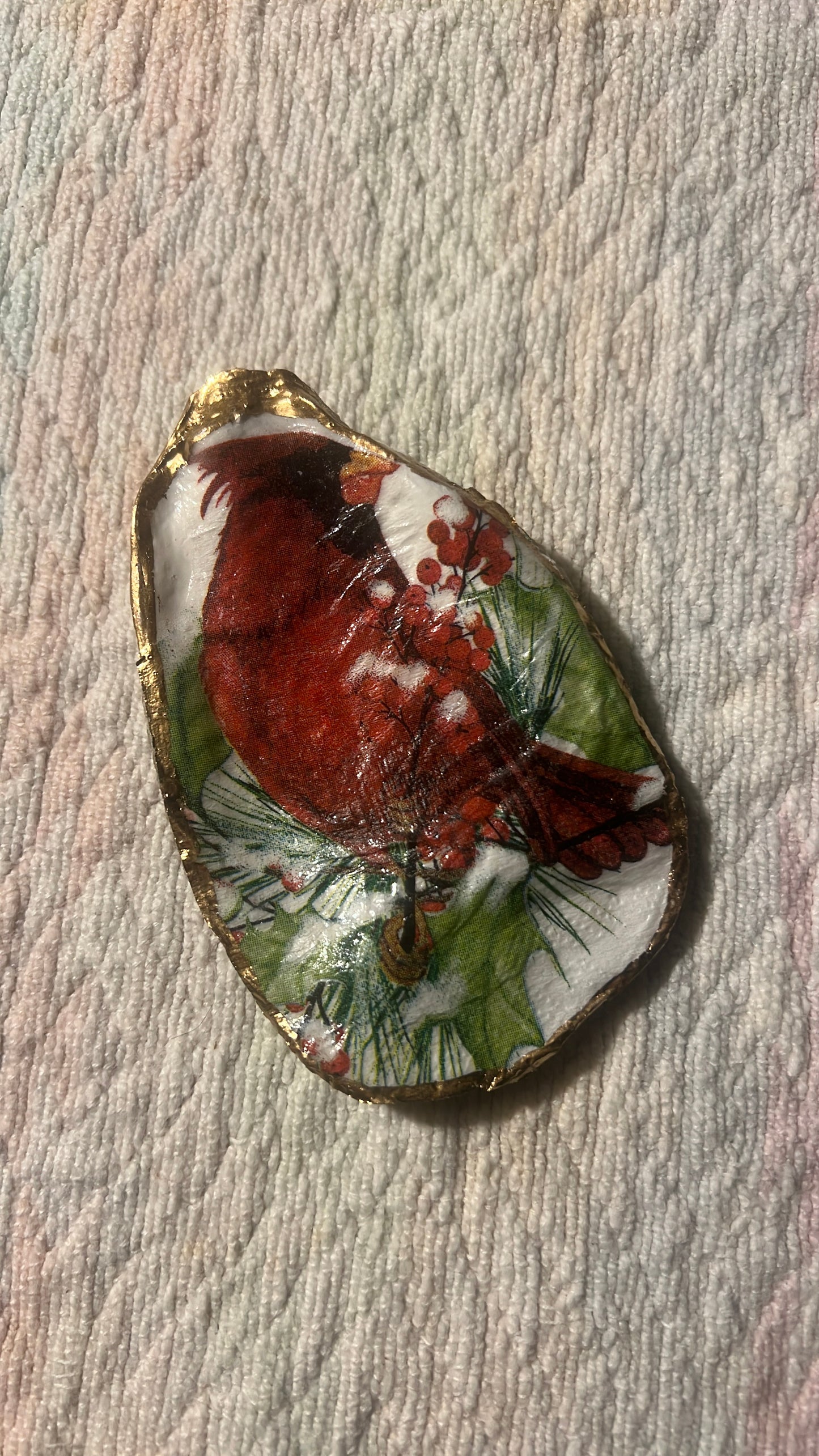 Christmas Cardinal Cape Cod Oyster shell ring trinket dish