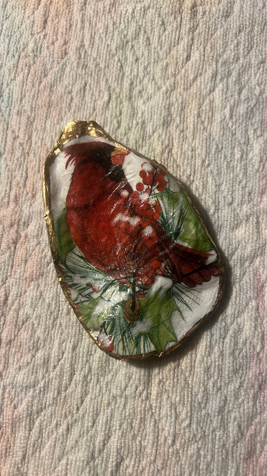 Christmas Cardinal Cape Cod Oyster shell ring trinket dish